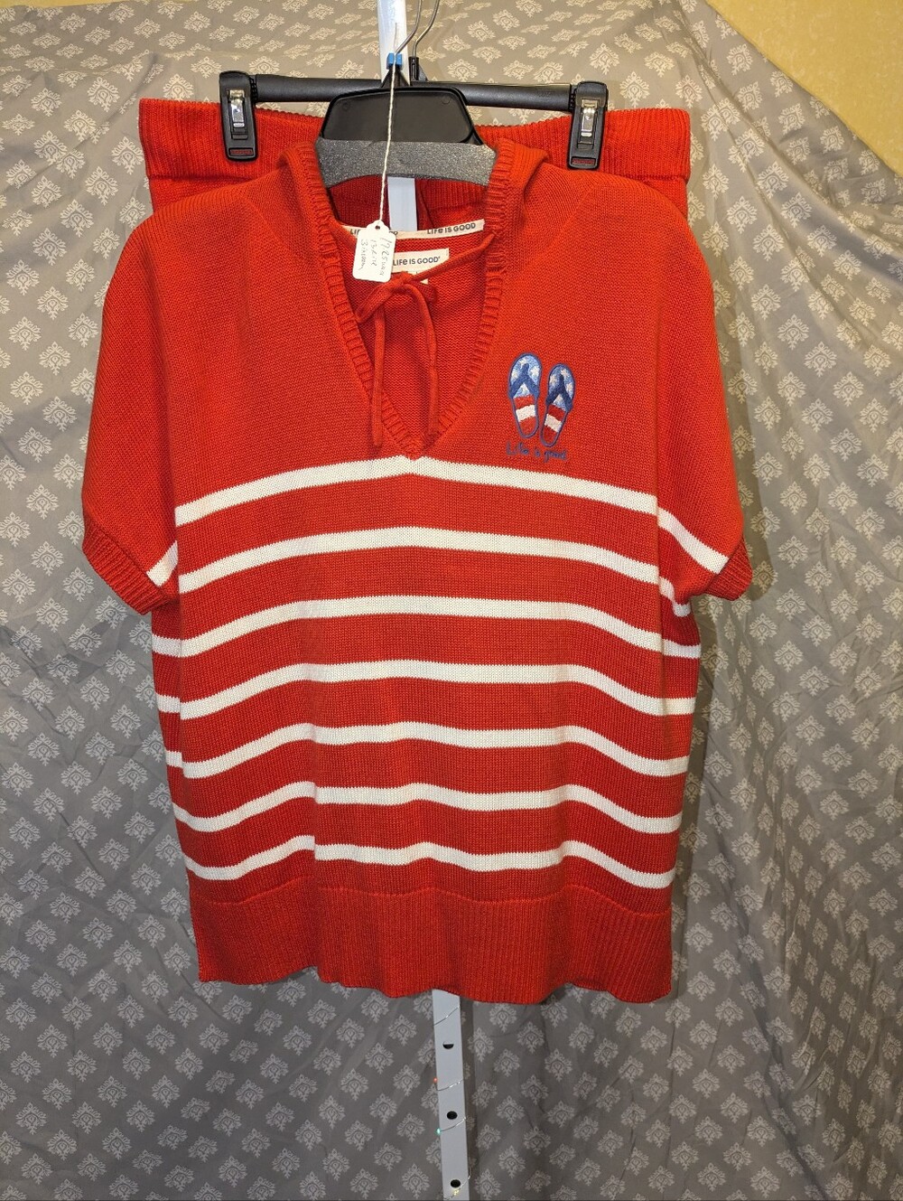 Life is Good Red Striped Knit Lounge Set Size L Short Sleeve Hoodie & Shorts 2pc